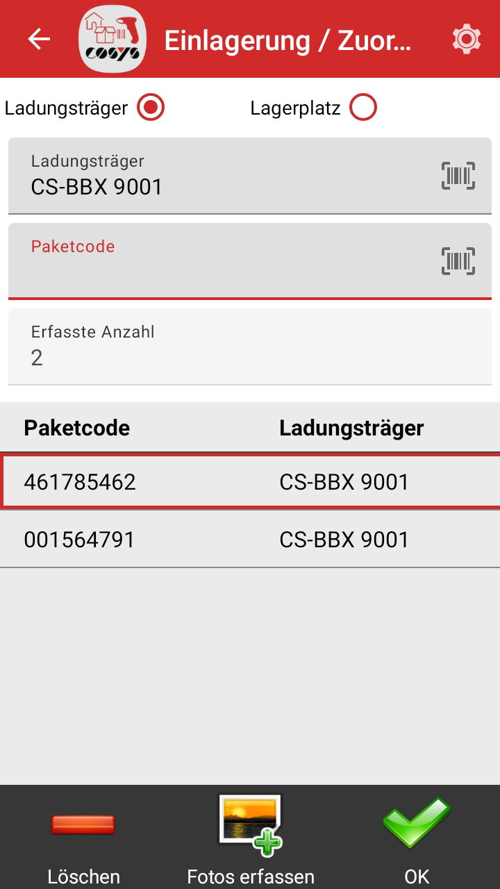Einlagerung / Zuordnung auf Ladungsträger